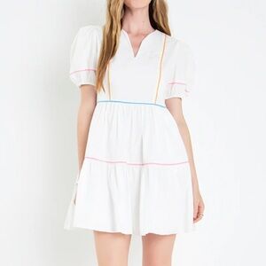 English Factory Puff Sleeve Tiered Mini Dress